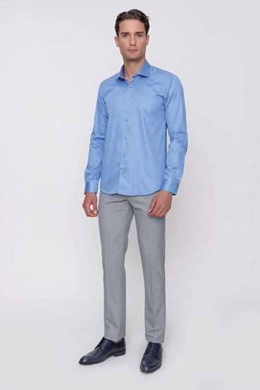 Morven Erkek Mavi Compact Slim Fit Dar Kesim Düz %100 Pamuk  Saten Gömlek