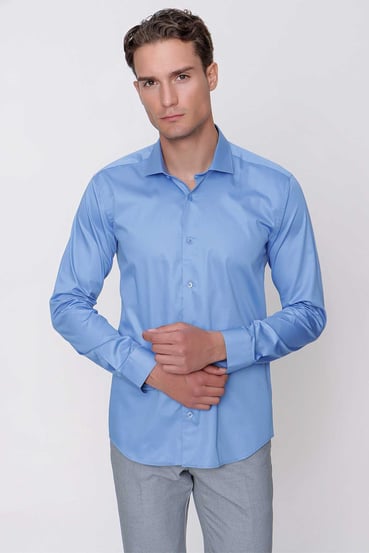 Morven Erkek Mavi Compact Slim Fit Dar Kesim Düz %100 Pamuk  Saten Gömlek
