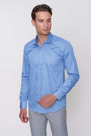Morven Erkek Mavi Compact Slim Fit Dar Kesim Düz %100 Pamuk  Saten Gömlek