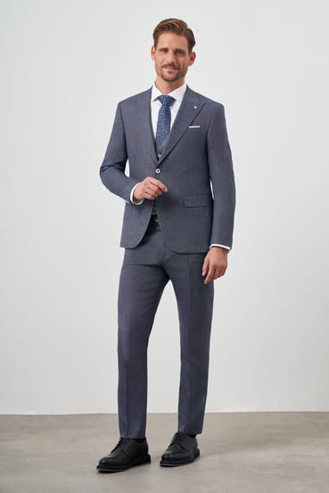 Morven Erkek Mavi Keten Kombinli Slim Fit Takım Elbise