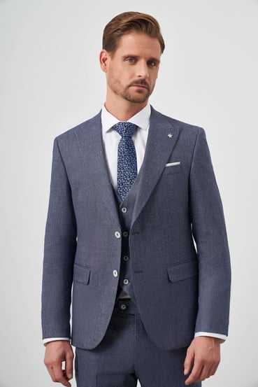 Morven Erkek Mavi Keten Kombinli Slim Fit Takım Elbise