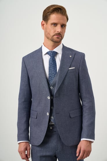 Morven Erkek Mavi Keten Kombinli Slim Fit Takım Elbise