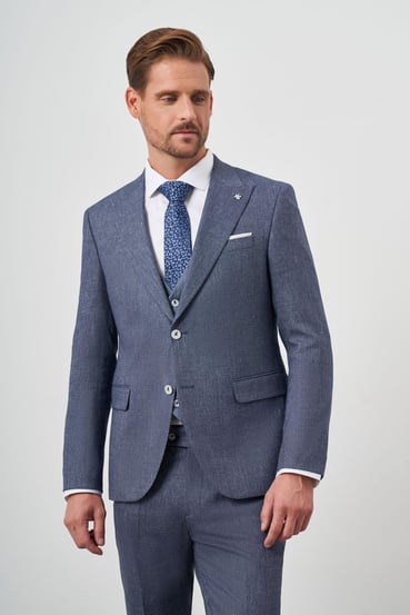 Morven Erkek Mavi Keten Kombinli Slim Fit Takım Elbise