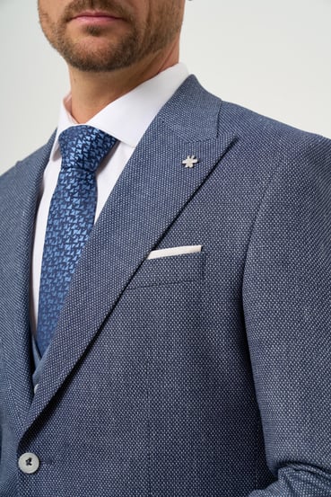 Morven Erkek Mavi Keten Kombinli Slim Fit Takım Elbise