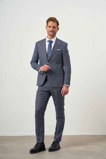 Morven Erkek Mavi Keten Kombinli Slim Fit Takım Elbise