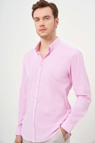 Morven Erkek Pembe Keten Düz Desen Düğmeli Yaka Slim Fit Gömlek