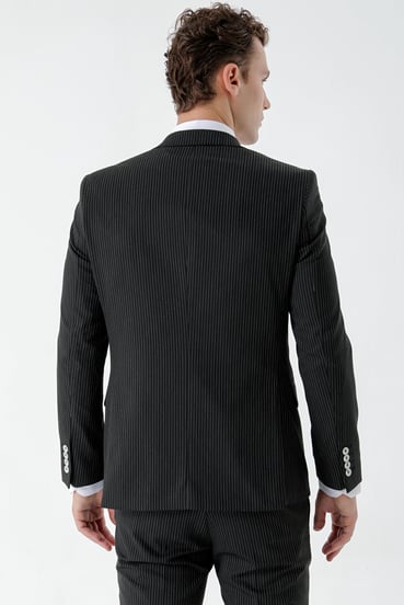Morven Erkek Siyah Poliviskon Trend Yelekli Çizgili Desen Slim Fit Sivri Yaka Takım Elbise