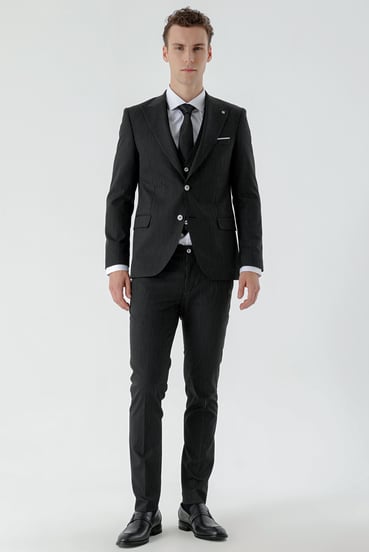 Morven Erkek Siyah Poliviskon Trend Yelekli Çizgili Desen Slim Fit Sivri Yaka Takım Elbise