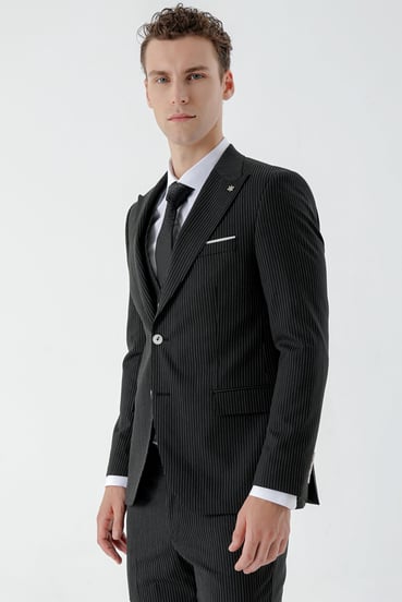 Morven Erkek Siyah Poliviskon Trend Yelekli Çizgili Desen Slim Fit Sivri Yaka Takım Elbise