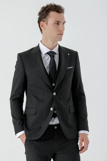 Morven Erkek Siyah Poliviskon Trend Yelekli Çizgili Desen Slim Fit Sivri Yaka Takım Elbise
