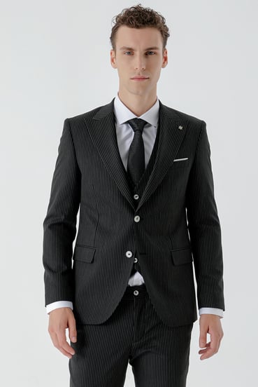 Morven Erkek Siyah Poliviskon Trend Yelekli Çizgili Desen Slim Fit Sivri Yaka Takım Elbise