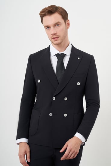 Morven Erkek Siyah Polyamide Trend Kruvaze Slim Fit Sivri Yaka Takım Elbise