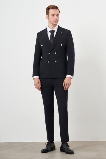 Morven Erkek Siyah Polyamide Trend Kruvaze Slim Fit Sivri Yaka Takım Elbise