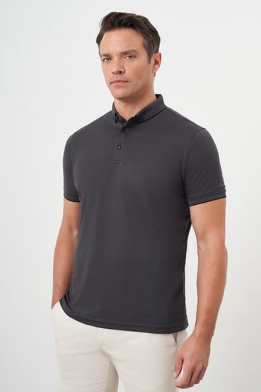 Morven Erkek Siyah Trend Merserize Düz Düğmeli Yaka Dynamic Fit T-Shirt