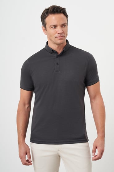 Morven Erkek Siyah Trend Merserize Düz Düğmeli Yaka Dynamic Fit T-Shirt