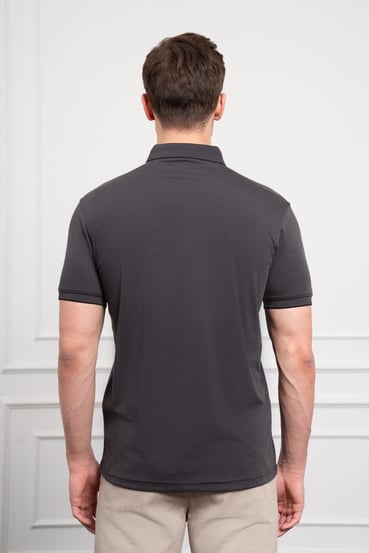 Morven Erkek Siyah Trend Merserize Düz Düğmeli Yaka Dynamic Fit T-Shirt