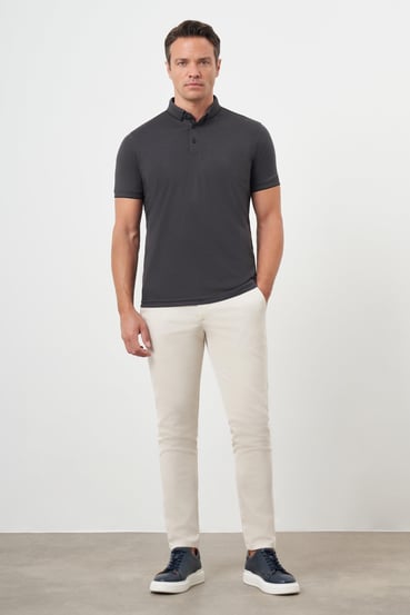 Morven Erkek Siyah Trend Merserize Düz Düğmeli Yaka Dynamic Fit T-Shirt