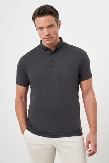 Morven Erkek Siyah Trend Merserize Düz Düğmeli Yaka Dynamic Fit T-Shirt