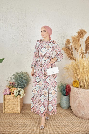 Pembe Geometrik Desenli Şifon Elbise 1001