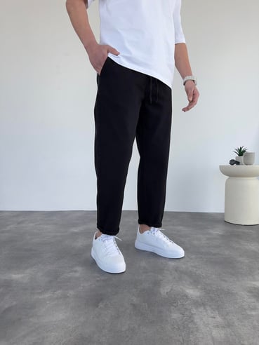 Siyah Bağcık Detaylı Boyfriend Kot Pantolon