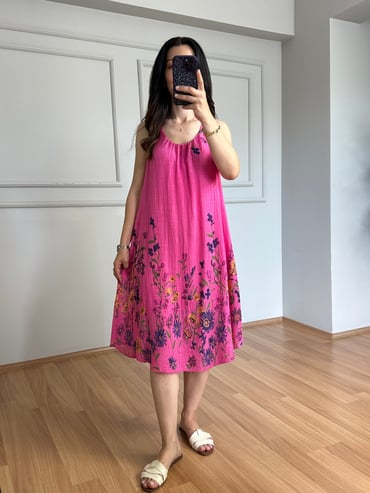 CDBR4509Alara Pembe Çiçekli Astarlı Elbise