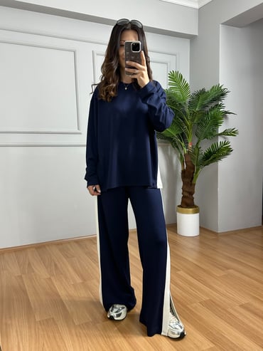 CDBR4122Alesa Lacivert Modal kumaş Şeritli Eşofman Takımı