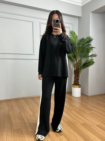 CDBR4123Alesa Siyah Modal kumaş Şeritli Eşofman Takımı