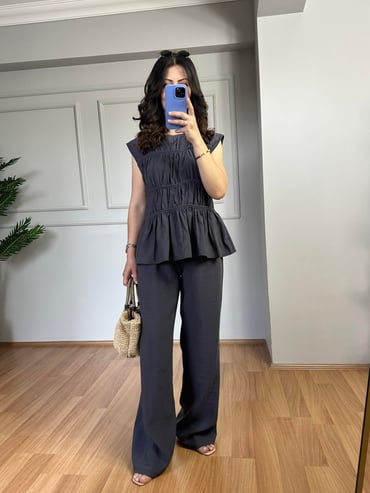 CDBR393Anya Antrasit Büzgülü Bluz Ve Pantolon Takım