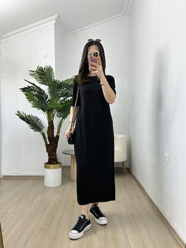 CDBR3829Ayza Siyah Modal Kumaş Yandan Yırtmaçlı Basic Elbise