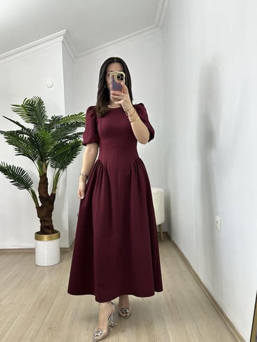 CDBR3834Bella Bordo Korseli Bel Bağlamalı Elbise