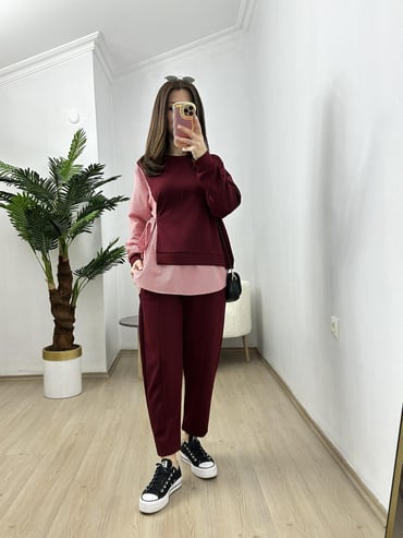 CDBR3817Best Bordo Modal Poplin Tasarım Eşofman Takımı