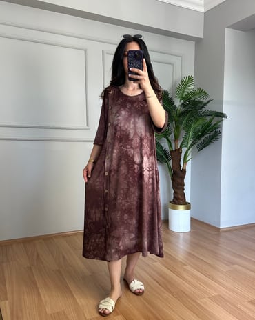 CDBR4483Best Kahve Likralı Viskon Batik Desen Elbise