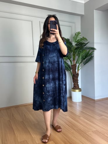 CDBR4484Best Lacivert Likralı Viskon Batik Desen Elbise