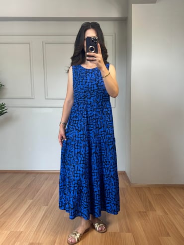CDBR3949Chelsa Mavi Siyah Kolsuz Maxi Boy Elbise