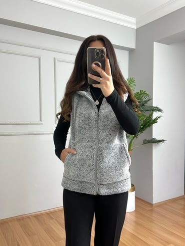 CDBR4651Edna Gri Kapişonlu Polar Yelek