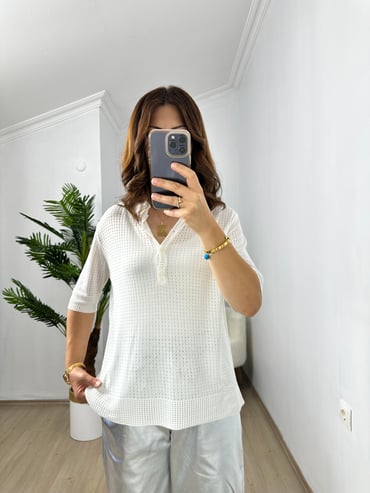 CDBR3647Ekru Delikli Polo Yaka Triko