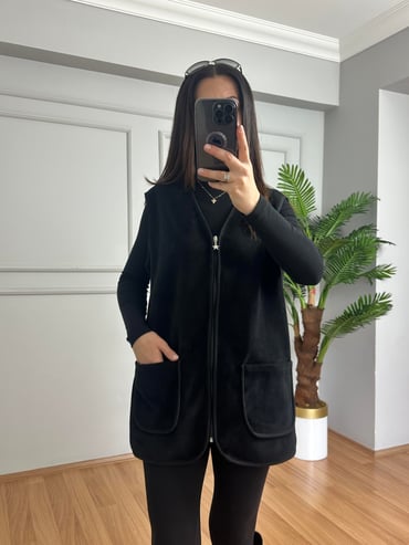 CDBR4171Elen Siyah Biyeli Polar Yelek