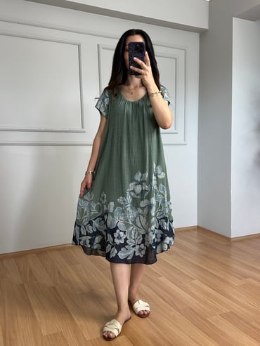 CDBR4499Estelle Haki Çiçekli Kısa Kol Elbise