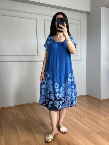 CDBR4498Estelle Mavi Çiçekli Kısa Kol Elbise 