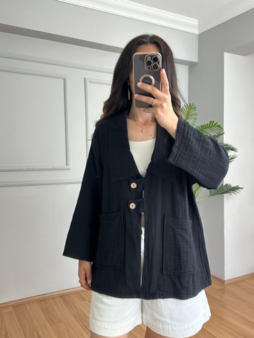 CDBR4609Ferra Siyah Oversize Müslin Ceket 