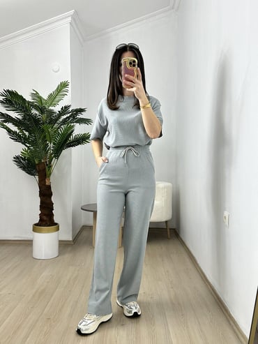 CDBR3838Fezza Gri Pike Modal Kumaş Kısa Kol Eşofman Takımı