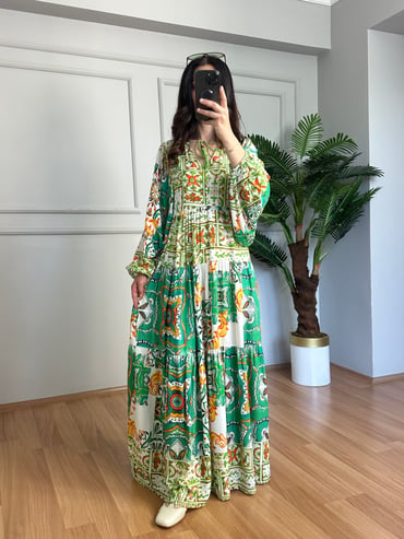 CDBR4389Flora Düğmesiz Yeşil Etnik Desen Viskon Maxi Boy Elbise