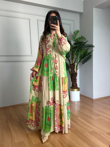 CDBR4414Flora Krem Yeşil Viskon Maxi Boy Elbise