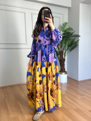 CDBR4394Flora Sarı Mor Viskon Maxi Boy Elbise