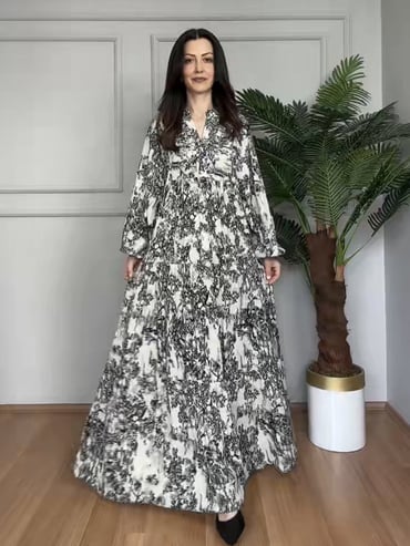 CDBR4373Flora Siyah Beyaz Desen Viskon Maxi Boy Elbise