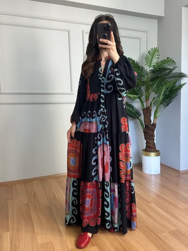 CDBR4391Flora Siyah Etnik Desen Viskon Maxi Boy Elbise