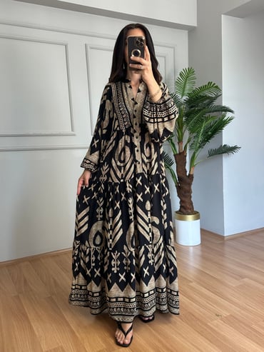 CDBR4588Flora Siyah-Vizon Viskon Maxi Boy Elbise
