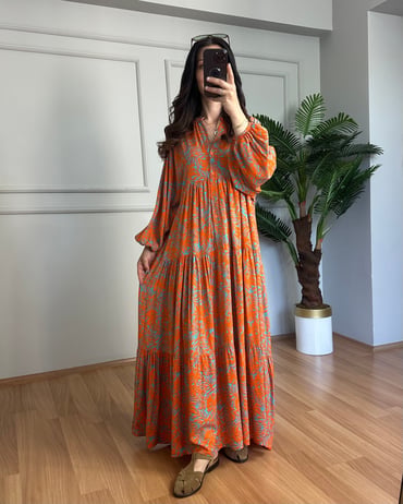 CDBR4392Flora Turuncu  Etnik Desen Viskon Maxi Boy Elbise