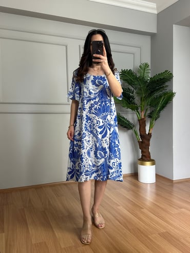 CDBR4261Helin Beyaz Desenli Pamuk Viskon Midi Boy Elbise