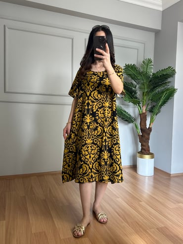 CDBR4265Helin Hardal Etnik Desen Pamuk Viskon Midi Boy Elbise 
